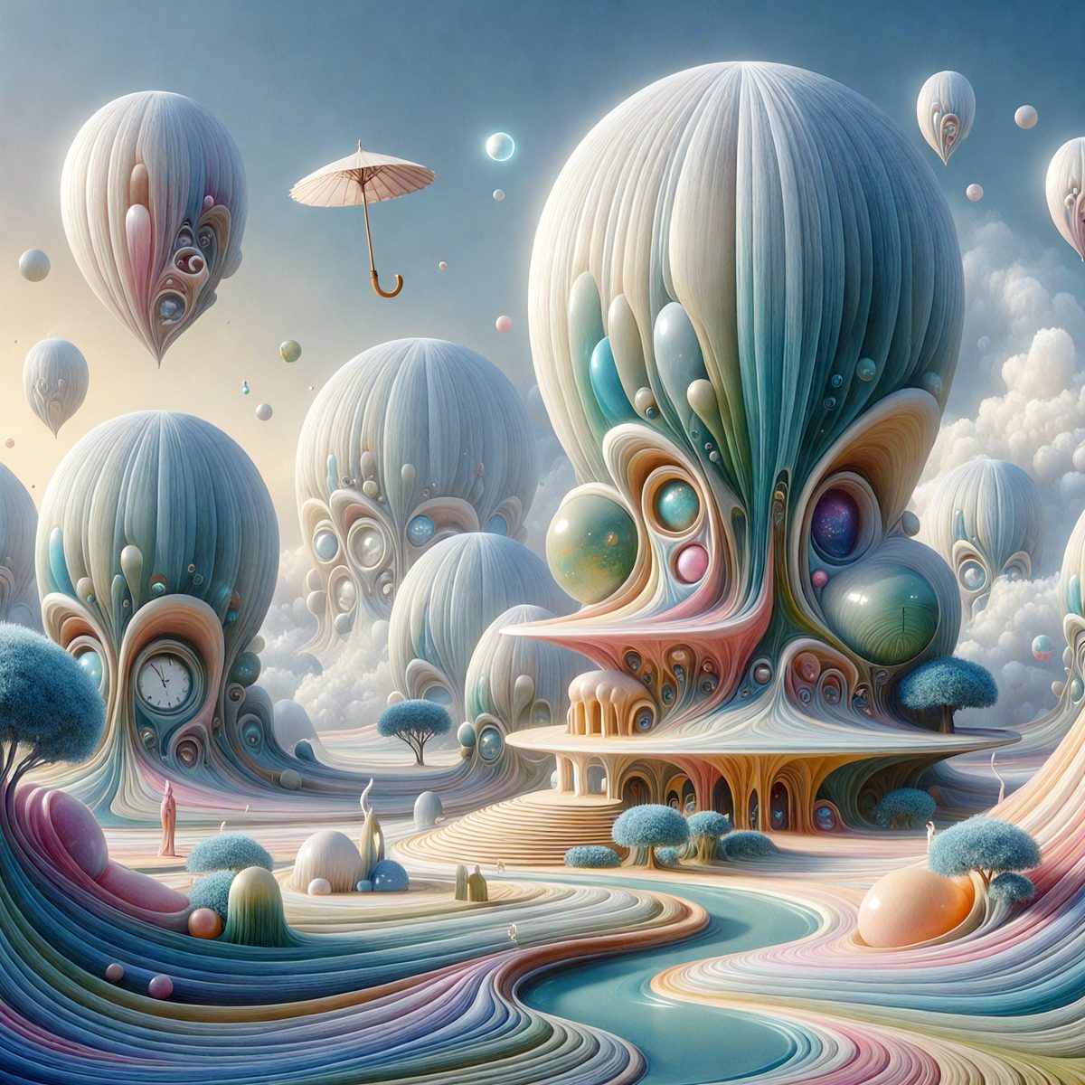 The primary subject of the image is a whimsical, colorful, and surreal landscape featuring a variety of oddly shaped objects, such as balloons, umbrellas, and other floating elements. The setting is a fantastical world with a backdrop of clouds, and the visual style is a combination of digital art and illustration. The colors and mood of the image are vibrant, lively, and imaginative, creating a sense of wonder and creativity.